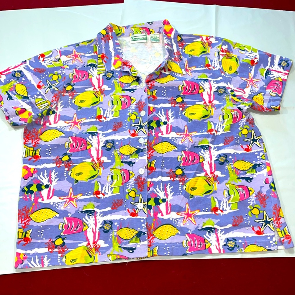FISH shirt fun kids 90s Purple pink TROPICAL BEACH Button up collared women’s XL